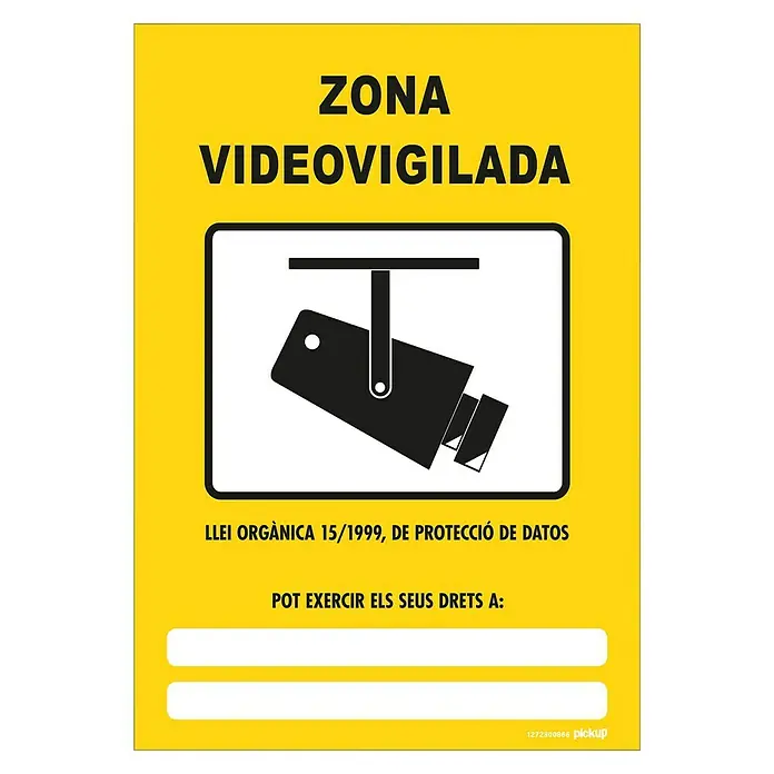 Pickup Señal de precaución catalán - Motivo: Zona videovigilada, 23 x 0,7 cm - Señal amarilla de advertencia "Zona Videovigilada" con icono de cámara e información de protección de datos.