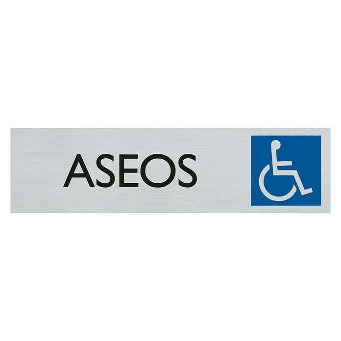 Pickup Rótulo - Plateado, Motivo: Aseo para minusválidos - Letrero plateado con "ASEOS" y un símbolo de silla de ruedas, que indica un baño accesible.
