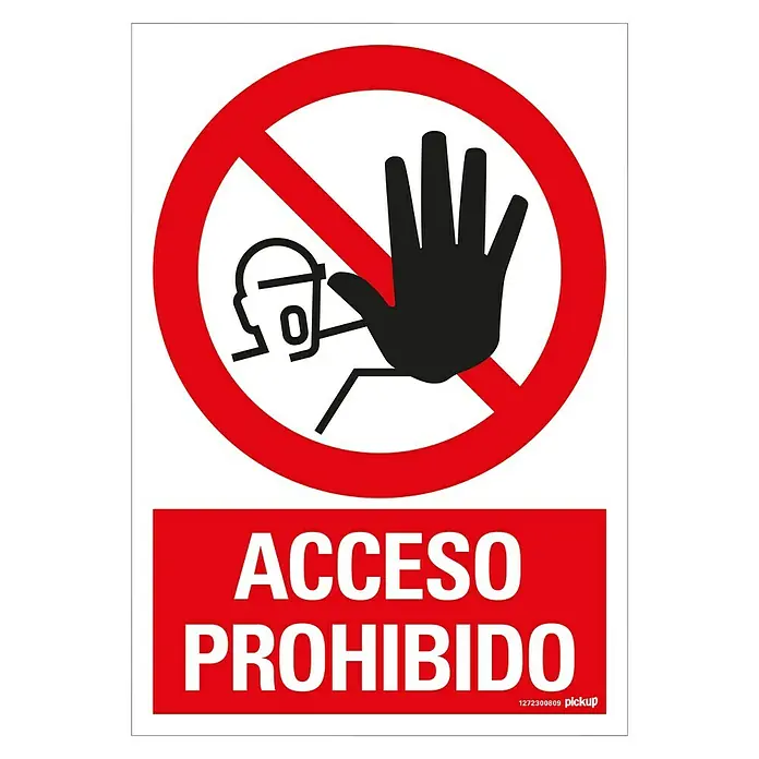 Pickup Señal de prohibición - Motivo: Acceso prohibido, L x An: 33 x 23 cm - La imagen muestra una señal de "acceso prohibido" con un hombre y una mano tachados. La señal es roja y blanca y advierte contra el acceso no autorizado.