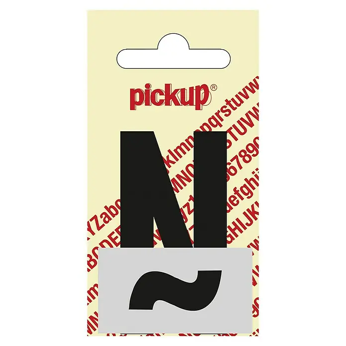 Pickup Etiqueta adhesiva - Motivo: Ñ, Negro, Altura: 6 cm - Imagen de una plantilla de letras Pickup que muestra la letra N y el carácter Ñ sobre un fondo beige con texto rojo.