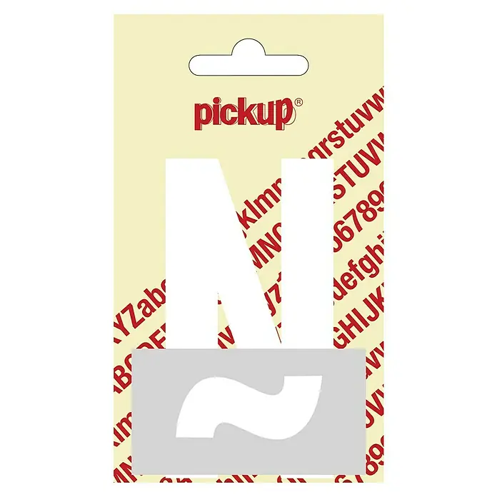 Pickup Etiqueta adhesiva - Motivo: Ñ, Blanco, Altura: 9 cm - Primer plano de un paquete con una plantilla de letra "N" blanca de Pickup, ideal para proyectos de artesanía y decoración.