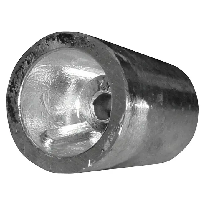 Wellenanode - Zink, Ø x L: 33 x 39 mm, Salzwasser, Passend für: Wellendurchmesser 22 - 25 mm - Nahaufnahme eines silbernen, hohlen Metallgegenstands mit einer Öffnung und einer glänzenden Oberfläche.