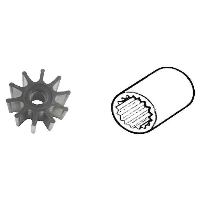 CEF Impeller 500114 T - Ø x L: 65 x 50 mm, Wellendurchmesser: 14,5 mm - Hier sind eine Impellerpumpe und eine Keilwelle abgebildet. Die Bauteile werden in Maschinen zur Kraftübertragung verwendet.