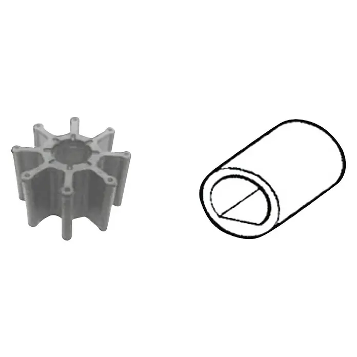 CEF Impeller 500109 T - Ø x L: 66,5 x 50,6 mm, Wellendurchmesser: 19,05 mm - Bild von einer Impellerpumpe und einem Wellenkeil. Das Impellerrad hat acht Schaufeln und ist aus grauem Kunststoff gefertigt.