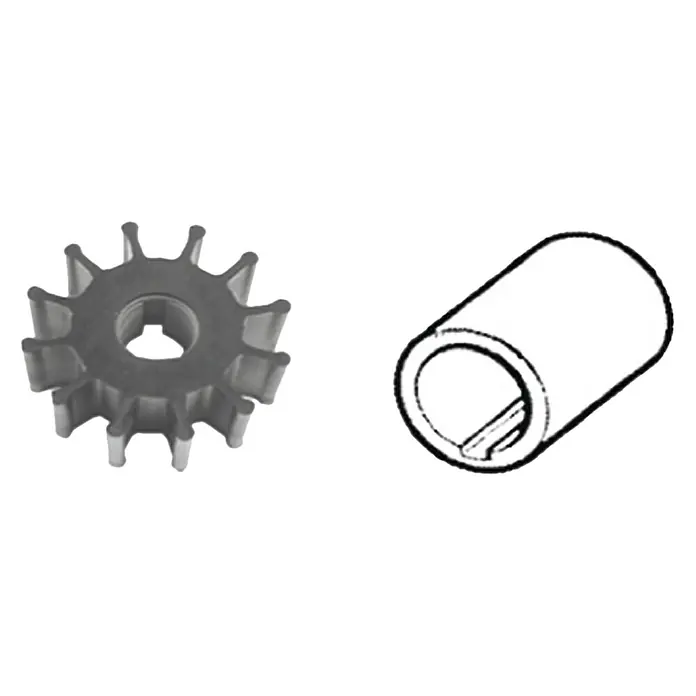 CEF Impeller 500170 CG - Ø x L: 57 x 31,65 mm, Wellendurchmesser: 16 mm - Hier sind ein Impeller und eine Buchse. Das Bauteil besteht aus Metall und hat ein glattes, präzises Finish.