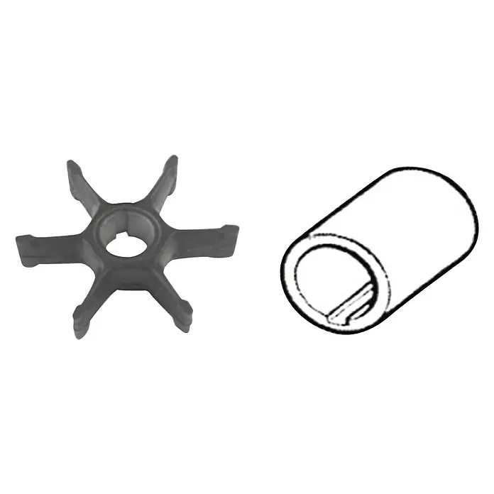 CEF Impeller 500352 - Ø x L: 69,8 x 22,1 mm, Wellendurchmesser: 16,04 mm - Abbildung eines Impellers mit sechs Blättern und einer zugehörigen Buchse. Dieses Kit ist ein wichtiger Bestandteil für Pumpensysteme.