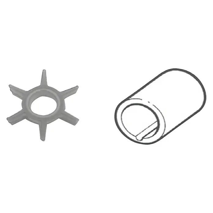 CEF Impeller 500354 G - Ø x L: 38,4 x 17,9 mm, Wellendurchmesser: 11,2 mm - Abgebildet sind eine flexible Laufradpumpe und eine zylindrische Buchse. Ersatzteile für Pumpen und Motoren im maritimen oder industriellen Bereich.