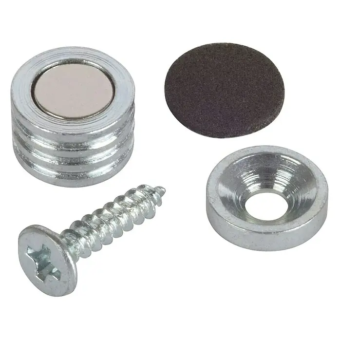 Suki Magnetverschluss Neodym - Haftkraft: 400 g, Ø x H: 12,7 x 6,4 mm - Magnetverschluss-Set mit Schraube, Unterlegscheibe und Klebepad, ideal für Möbel und Schranktüren.
