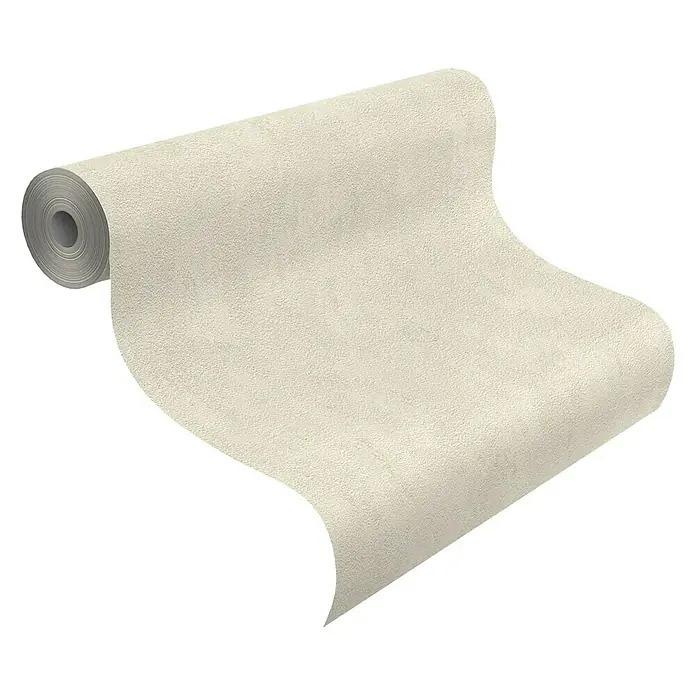 Rasch Vliestapete - Beige, Uni, 10,05 x 0,53 m, Spachtelstruktur - Nahaufnahme einer Tapetenrolle mit einem dezenten, cremefarbenen Muster auf schwarzem Hintergrund.