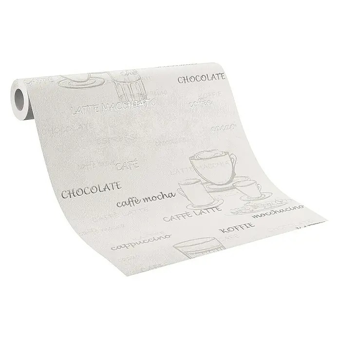 Rasch Vliestapete Kaffee - Creme/Grau, Grafisch, 10,05 x 0,53 m - Nahaufnahme einer Rolle mit Kaffeehaus-Motiv-Tapete, die eine elegante und trendige Option für die Inneneinrichtung bietet.