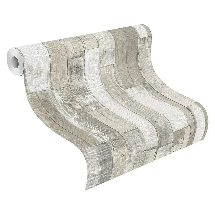 Rasch Papiertapete - Beige/Creme, Holzoptik, 10,05 x 0,53 m - Eine Rolle Vinyltapete mit einem Muster aus hellen Holzbrettern, ideal für eine stilvolle Wandgestaltung und einfache Verarbeitung.