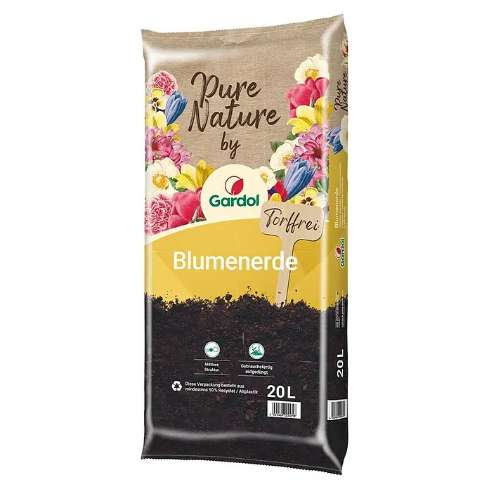 Gardol Pure Nature Blumenerde - 20 l, Torffrei - Abbildung einer 20L-Packung Gardol Pure Nature Blumenerde. Torffreie Blumenerde mit mittlerer Struktur und gebrauchsfertiger Aufdüngung.
