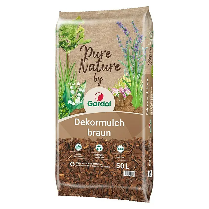 Gardol Dekormulch - 50 l, Braun - Abbildung einer 50-Liter-Packung Gardol Pure Nature Dekormulch braun, ideal für die Gartengestaltung und Bodenverbesserung.