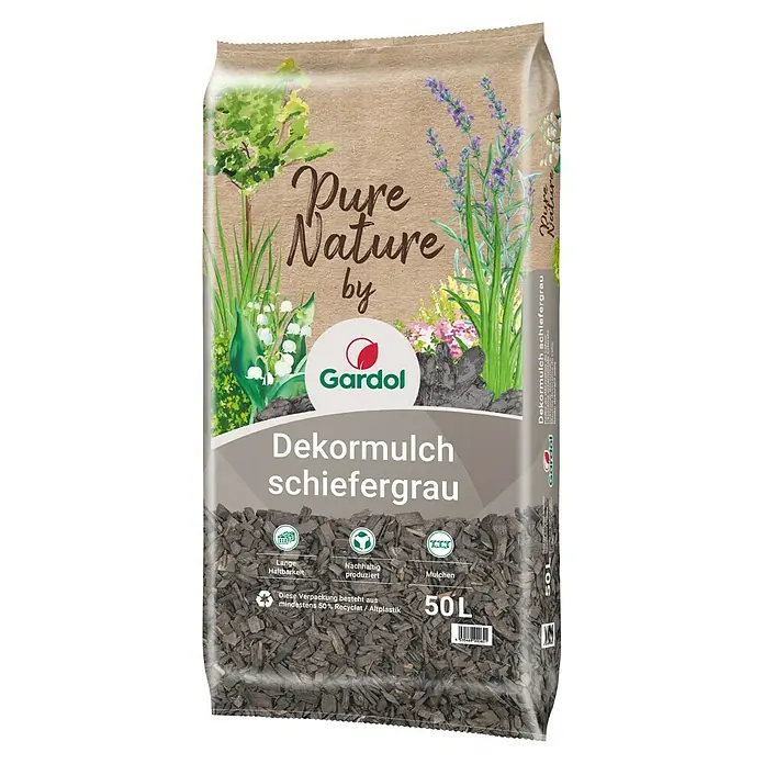 Gardol Dekormulch - 50 l, Schiefergrau - Eine Packung Gardol Dekormulch in Schiefergrau, ideal zur Gartengestaltung und Bodenverbesserung mit nachhaltiger Produktion und langer Haltbarkeit.