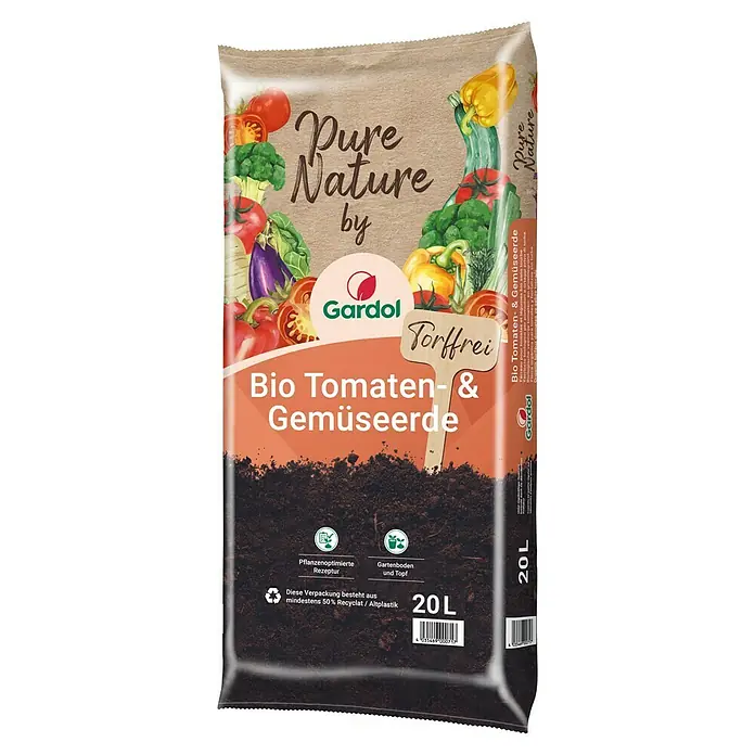 Gardol Pure Nature Tomaten- & Gemüseerde - 20 l, Torffrei - Bild einer Packung Gardol Bio Tomaten- und Gemüseerde „Pure Nature“, torffrei und in einer zu 50 % recycelten Verpackung.