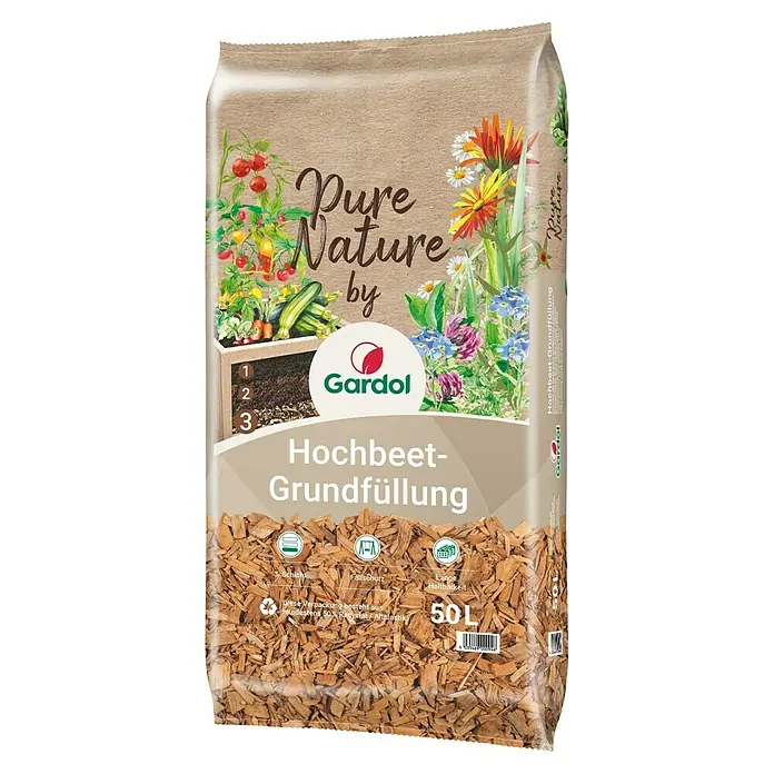 Gardol Pure Nature Hochbeet-Grundfüllung - 50 l, Natur - Abbildung einer Packung Gardol Hochbeet-Grundfüllung, einem Bodenverbesserungsmittel für Hochbeete, das die Grundlage für gesundes Pflanzenwachstum bietet.