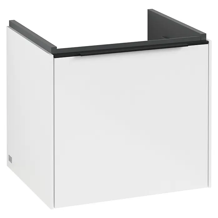 Villeroy & Boch Subway 3.0 Waschbeckenunterschrank - Brilliant White, Anzahl Schubladen: 1 Stk., Farbe Griff: Volcano Black, B x T x H: 47,3 x 40,8 x 42,9 cm, Mit Beleuchtung - Das Bild zeigt einen weißen Waschtischunterschrank mit einer grauen Abdeckung. Er ist schlicht, modern und minimalistisch gestaltet.