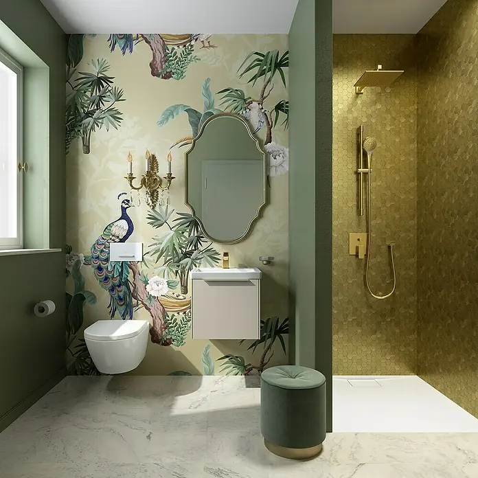 Villeroy & Boch Subway 3.0 Waschbeckenunterschrank - Cashmere Grey, Anzahl Schubladen: 1 Stk., Farbe Griff: Monochrom, B x T x H: 47,3 x 40,8 x 42,9 cm, Mit Beleuchtung - Ein elegantes Badezimmer mit floraler Tapete, goldenen Akzenten und einer modernen Toilette für einen luxuriösen Touch.