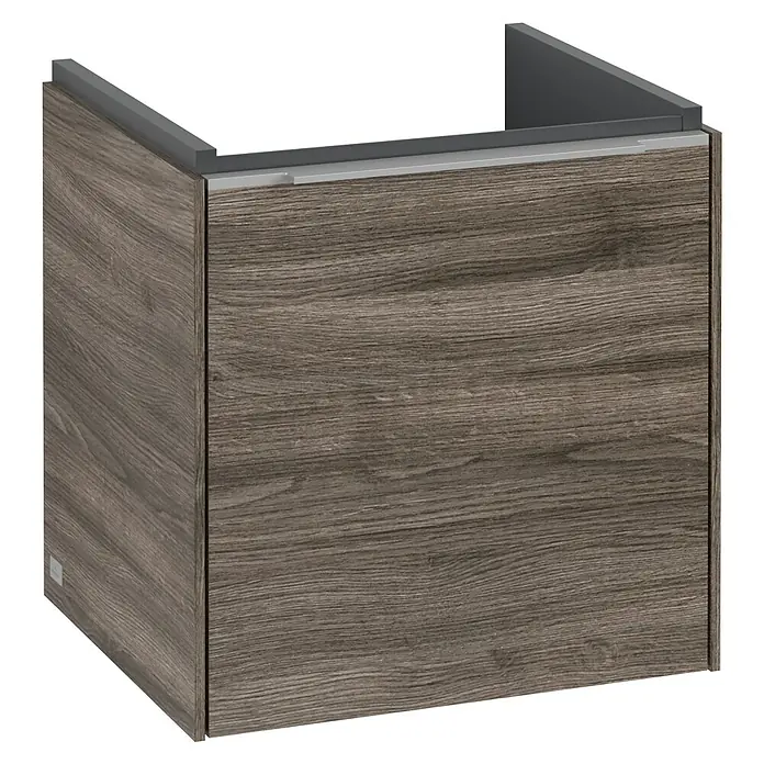 Villeroy & Boch Subway 3.0 Waschbeckenunterschrank - Stone Oak, Anzahl Türen: 1 Stk., Farbe Griff: Aluminium glänzend, B x T x H: 42,3 x 37,8 x 42,9 cm, DIN Anschlag: Rechts - Nahaufnahme eines modernen Holzwaschtischunterschranks mit minimalistischem Design und grauen Akzenten.