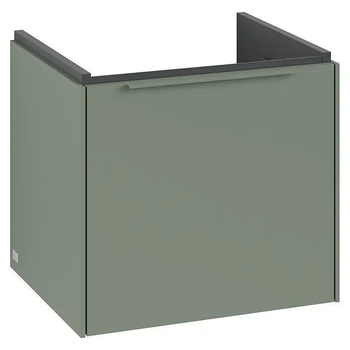 Villeroy & Boch Subway 3.0 Waschbeckenunterschrank - Soft Green, Anzahl Schubladen: 1 Stk., Farbe Griff: Monochrom, B x T x H: 47,3 x 40,8 x 42,9 cm, Mit Beleuchtung - Das Bild zeigt einen modernen, olivgrünen Waschtischunterschrank mit einem schlichten Griff und einer dunklen Ablagefläche. Ideal für stilvolle Badezimmer.