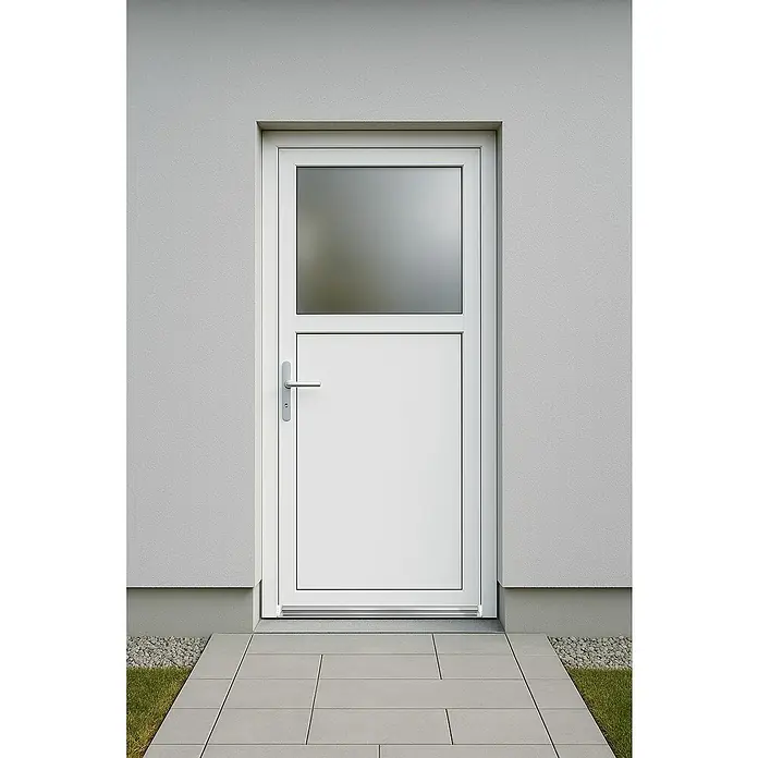 Panto Nebeneingangstür Premium SMK 510 - 98 x 198 cm, DIN Anschlag: Links, Weiß - Weiße Eingangstür mit Milchglasfenster in einer grauen Wand. Der Eingangsbereich ist mit grauen Steinplatten und etwas Grün gestaltet.
