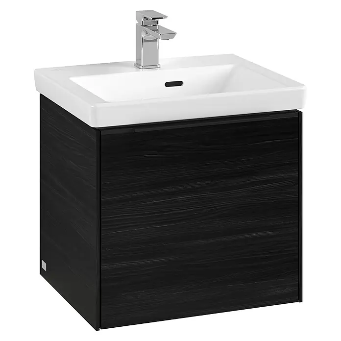 Villeroy & Boch Subway 3.0 Waschbeckenunterschrank - Black Oak, Anzahl Schubladen: 1 Stk., Farbe Griff: Volcano Black, B x T x H: 47,3 x 40,8 x 42,9 cm, Mit Beleuchtung - Modernes Waschbecken mit Unterschrank in dunkler Holzoptik und einer Armatur aus Chrom. Stilvolle Badmöbel für das moderne Badezimmer.