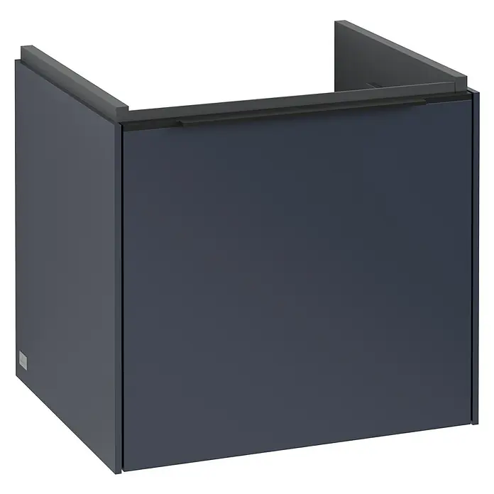 Villeroy & Boch Subway 3.0 Waschbeckenunterschrank - Marine Blue, Anzahl Schubladen: 1 Stk., Farbe Griff: Volcano Black, B x T x H: 47,3 x 40,8 x 42,9 cm - Abbildung eines modernen, grauen Waschtischunterschranks mit klaren Linien, ideal für ein stilvolles Badezimmer.