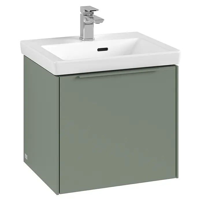 Villeroy & Boch Subway 3.0 Waschbeckenunterschrank - Soft Green, Anzahl Schubladen: 1 Stk., Farbe Griff: Monochrom, B x T x H: 47,3 x 40,8 x 42,9 cm, Mit Beleuchtung - Bild eines Waschtischunterschranks in Salbeigrün mit einem modernen, weißen Waschbecken und Armatur, ideal für jedes Badezimmer.