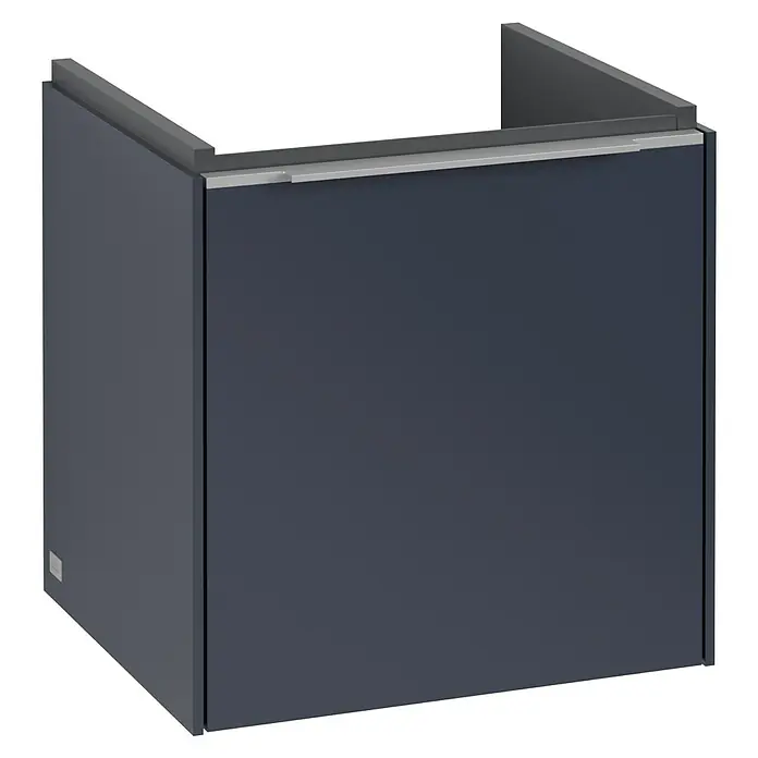 Villeroy & Boch Subway 3.0 Waschbeckenunterschrank - Marine Blue, Anzahl Türen: 1 Stk., Farbe Griff: Aluminium glänzend, B x T x H: 42,3 x 37,8 x 42,9 cm, DIN Anschlag: Rechts - Dunkelgrauer Waschbeckenunterschrank mit minimalistischem Design für moderne Badezimmer.