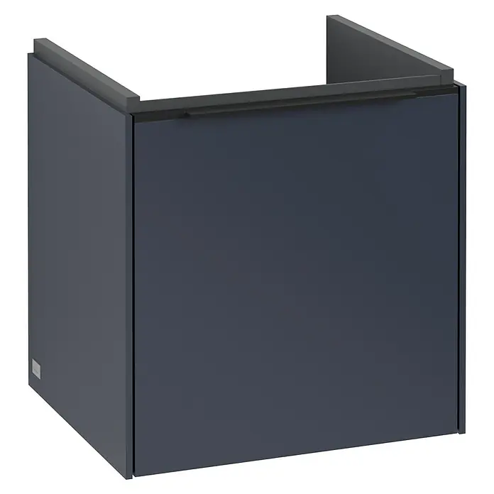Villeroy & Boch Subway 3.0 Waschbeckenunterschrank - Marine Blue, Anzahl Türen: 1 Stk., Farbe Griff: Volcano Black, B x T x H: 42,3 x 37,8 x 42,9 cm, DIN Anschlag: Links - Ein dunkler, moderner Waschtischunterschrank mit minimalistischem Design. Ideal für ein stilvolles Badezimmer.