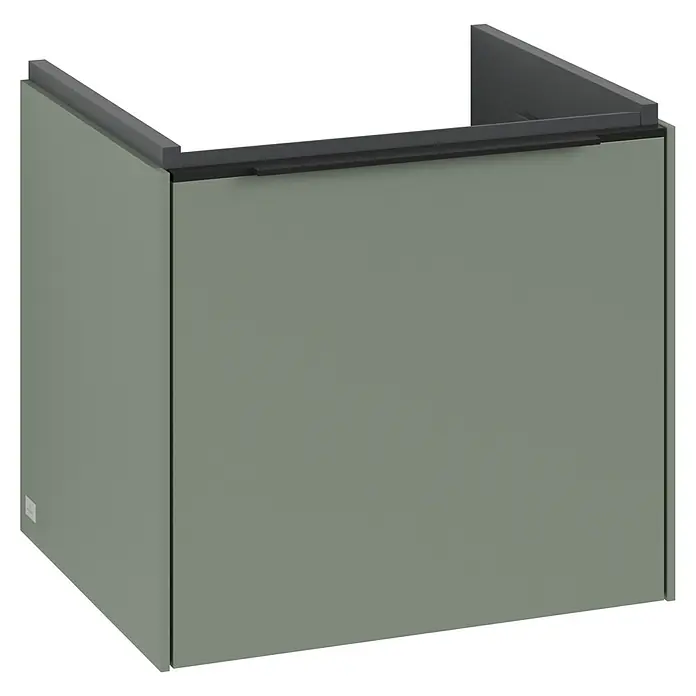 Villeroy & Boch Subway 3.0 Waschbeckenunterschrank - Soft Green, Anzahl Schubladen: 1 Stk., Farbe Griff: Volcano Black, B x T x H: 47,3 x 40,8 x 42,9 cm, Mit Beleuchtung - Dieses Bild zeigt ein modernes, grünes Waschbeckenunterschrank mit einem minimalistischen Design und klaren Linien. Ideal für ein stilvolles Badezimmer.