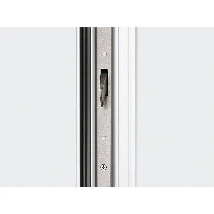 Panto Nebeneingangstür Premium SMK 510 - 98 x 198 cm, DIN Anschlag: Links, Anthrazit/Weiß - Nahaufnahme eines Fenstergriffs aus Metall, der in einem modernen Fensterrahmen eingebaut ist. Der Griff ist elegant und funktional.