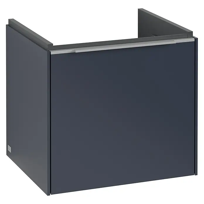 Villeroy & Boch Subway 3.0 Waschbeckenunterschrank - Marine Blue, Anzahl Schubladen: 1 Stk., Farbe Griff: Aluminium glänzend, B x T x H: 47,3 x 40,8 x 42,9 cm, Mit Beleuchtung - Produktbild eines modernen, grauen Waschbeckenunterschranks mit Griffleiste und minimalistischem Design für das Badezimmer.
