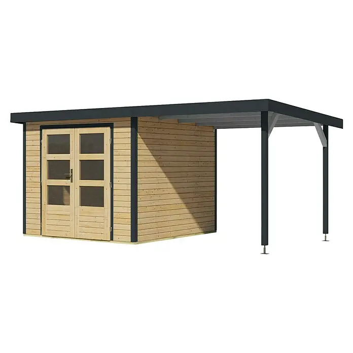 Karibu Gartenhaus Jupiter 3,5 A - Außenmaß inkl. Dachüberstand (B x T): 486,5 x 266,5 cm, Holz, Naturbelassen/Anthrazit, Mit Seitendach - Ein Holzgartenhaus mit Doppeltüren und einem angebauten Unterstand mit grauen Stützpfeilern und einem dunklen Dach.