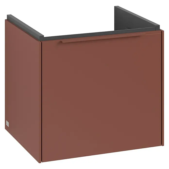 Villeroy & Boch Subway 3.0 Waschbeckenunterschrank - Wine Red, Anzahl Schubladen: 1 Stk., Farbe Griff: Monochrom, B x T x H: 47,3 x 40,8 x 42,9 cm, Mit Beleuchtung - Produktbild eines modernen Unterschranks in Braun mit dunkler Arbeitsplatte. Das Möbelstück ist schlicht und stilvoll designt.