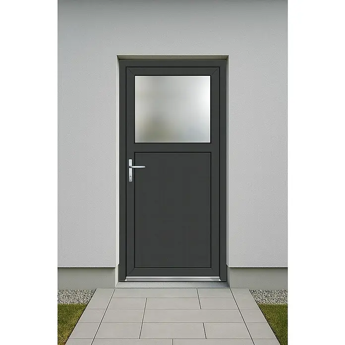 Panto Nebeneingangstür Premium SMK 510 - 98 x 198 cm, DIN Anschlag: Links, Anthrazit/Weiß - Graue Außentür mit rechteckigem Fenster und silbernem Türgriff vor einer hellgrauen Fassade mit Steinplattenboden.