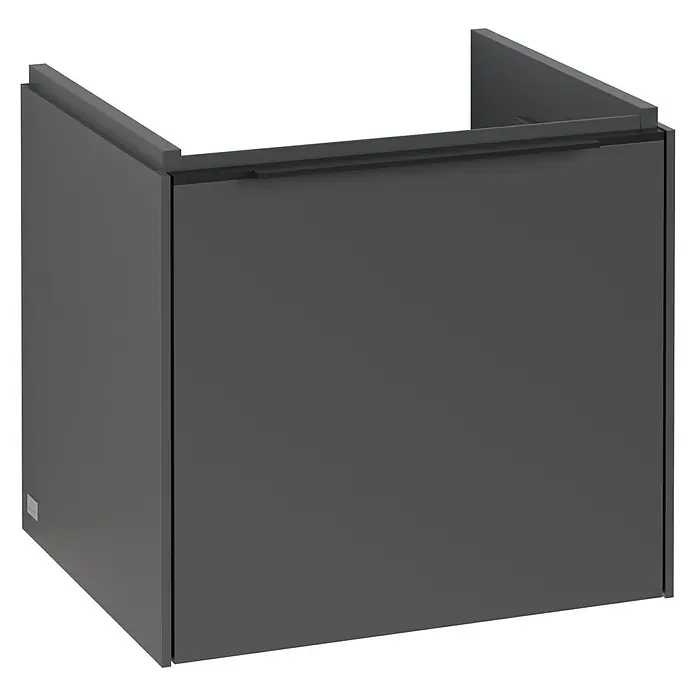 Villeroy & Boch Subway 3.0 Waschbeckenunterschrank - Graphite, Anzahl Schubladen: 1 Stk., Farbe Griff: Volcano Black, B x T x H: 47,3 x 40,8 x 42,9 cm, Mit Beleuchtung - Abbildung eines modernen, dunklen Waschbeckenunterschranks mit einer klaren, minimalistischen Designsprache. Das Möbelstück bietet stilvollen Stauraum.