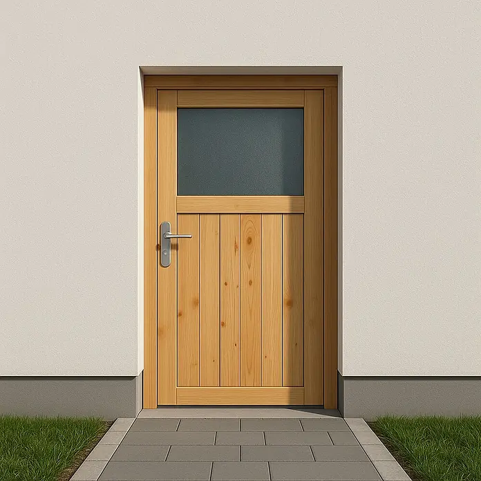 Panto Nebeneingangstür NET 504 - 88 x 200 cm, DIN Anschlag: Links - Außentür aus Kiefernholz mit Glaseinsatz und silbernem Griff vor einer weißen Fassade.