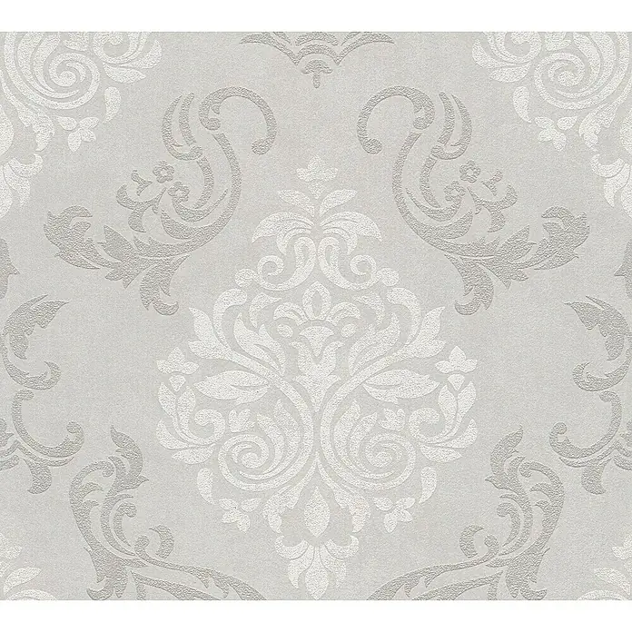 A.S. Création Vliestapete Memory 2 - Beige/Creme/Metallic, Ornament, 10,05 x 0,53 m - Elegante Tapete mit einem üppigen Damastmuster in zarten Silbertönen, die jedem Raum einen Hauch von klassischer Eleganz verleiht.