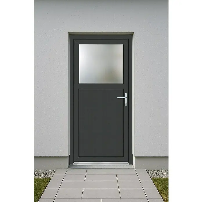 Panto Nebeneingangstür Premium SMK 510 - 98 x 198 cm, DIN Anschlag: Rechts, Anthrazit/Weiß - Eine moderne, anthrazitfarbene Haustür mit einem rechteckigen Fenster oben, eingebettet in eine weiße Fassade, die Stil und Funktion vereint.
