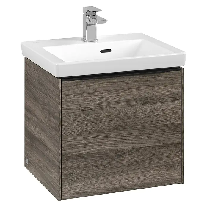 Villeroy & Boch Subway 3.0 Waschbeckenunterschrank - Stone Oak, Anzahl Schubladen: 1 Stk., Farbe Griff: Volcano Black, B x T x H: 47,3 x 40,8 x 42,9 cm, Mit Beleuchtung - Elegantes Waschbecken mit Unterschrank in Holzoptik. Das schlichte Design passt perfekt in moderne Badezimmer und bietet praktischen Stauraum.