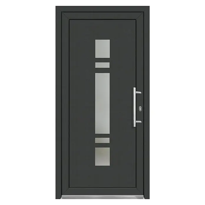 Panto Haustür Premium SMK 017 - 110 x 210 cm, DIN Anschlag: Rechts, Anthrazit/Weiß - Graue Tür mit senkrechtem Glaseinsatz und silberfarbenem Griff. Modernes Design für einen stilvollen Eingangsbereich.