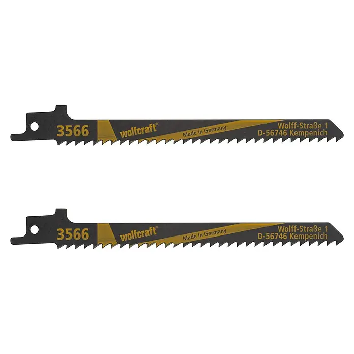 Wolfcraft Säbelsägeblatt - Spanplatten, Länge: 150 mm, 2 Stk. - Aufnahme von zwei Wolfcraft Stichsägeblättern, Modell 3566, hergestellt in Deutschland, mit Adresse Wolff-Straße 1, D-56746 Kempenich.