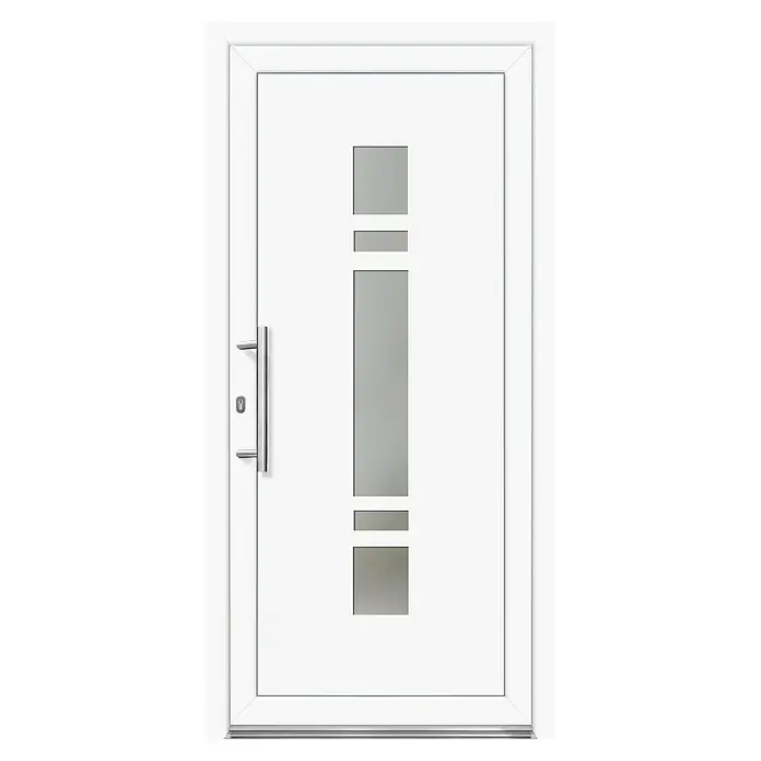 Panto Haustür Premium SMK 017 - 110 x 210 cm, DIN Anschlag: Links, Weiß - Moderne weiße Haustür mit einem länglichen Glaseinsatz in der Mitte, umgeben von schlichten, horizontalen Glasakzenten.