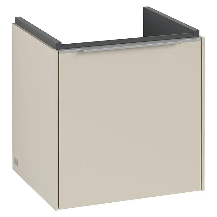 Villeroy & Boch Subway 3.0 Waschbeckenunterschrank - Cashmere Grey, Anzahl Türen: 1 Stk., Farbe Griff: Aluminium glänzend, B x T x H: 42,3 x 37,8 x 42,9 cm, DIN Anschlag: Links - Ein cremefarbener Waschtischunterschrank mit einer Schublade und einem modernen Design. Ideal für Badezimmer mit Stil.