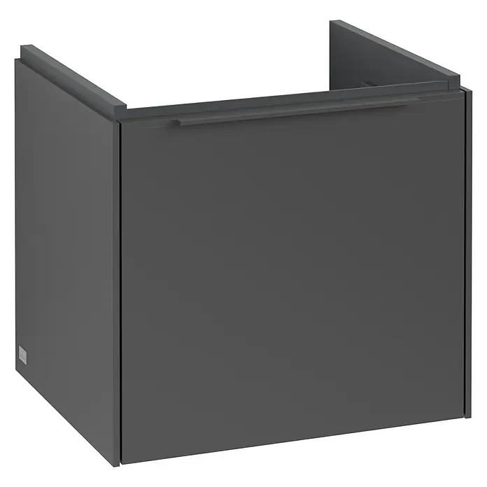 Villeroy & Boch Subway 3.0 Waschbeckenunterschrank - Graphite, Anzahl Schubladen: 1 Stk., Farbe Griff: Monochrom, B x T x H: 47,3 x 40,8 x 42,9 cm - Ansicht eines modernen, grauen Badezimmerunterschranks. Der Schrank hat eine klare, kastenförmige Form mit Griffen und ist minimalistisch gestaltet.