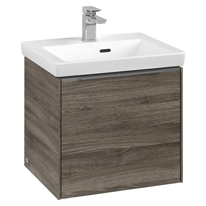 Villeroy & Boch Subway 3.0 Waschbeckenunterschrank - Stone Oak, Anzahl Schubladen: 1 Stk., Farbe Griff: Aluminium glänzend, B x T x H: 47,3 x 40,8 x 42,9 cm, Mit Beleuchtung - Badezimmermöbel: Waschbeckenunterschrank mit Holzdekor und modernem Wasserhahn. Praktisch und stilvoll für jedes Badezimmer.