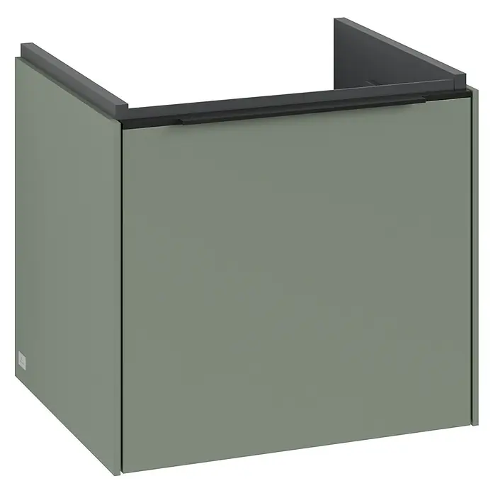 Villeroy & Boch Subway 3.0 Waschbeckenunterschrank - Soft Green, Anzahl Schubladen: 1 Stk., Farbe Griff: Volcano Black, B x T x H: 47,3 x 40,8 x 42,9 cm - Hier ist ein Waschbeckenunterschrank in Graugrün mit einer dunklen Abdeckung zu sehen. Der Schrank ist modern und minimalistisch designt.