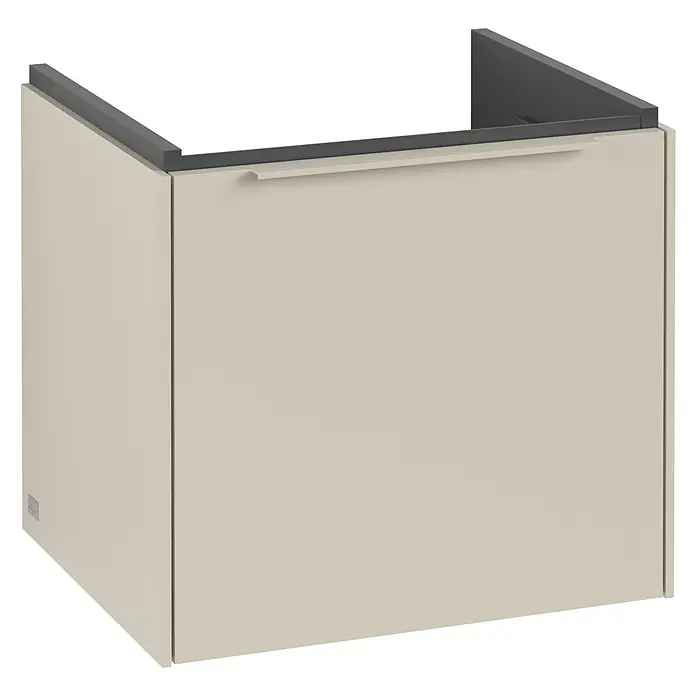 Villeroy & Boch Subway 3.0 Waschbeckenunterschrank - Cashmere Grey, Anzahl Schubladen: 1 Stk., Farbe Griff: Monochrom, B x T x H: 47,3 x 40,8 x 42,9 cm, Mit Beleuchtung - Nahaufnahme eines modernen, beigen Waschtischunterschranks mit grauem Aufsatz. Stilvolles Design für das moderne Badezimmer.