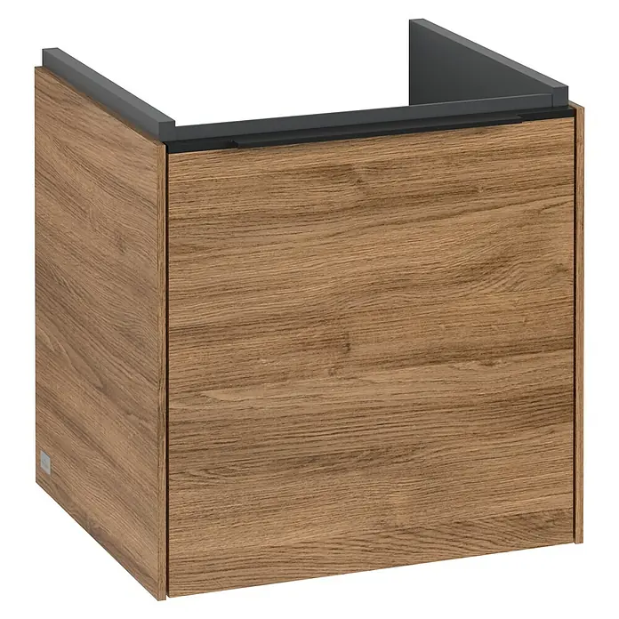 Villeroy & Boch Subway 3.0 Waschbeckenunterschrank - Kansas Oak, Anzahl Türen: 1 Stk., Farbe Griff: Volcano Black, B x T x H: 42,3 x 37,8 x 42,9 cm, DIN Anschlag: Links - Schrankuntersatz aus Holz mit dunkelgrauer Oberseite, ideal für Badezimmer. Erhältlich im Möbelhandel.